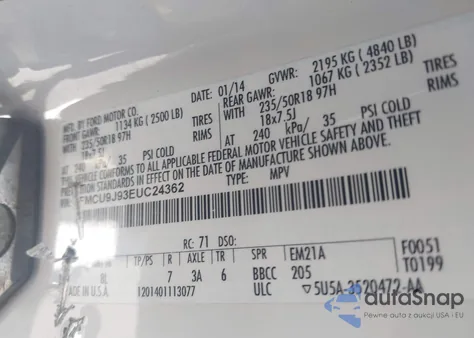 2014 Ford Escape Titanium z USA, uszkodzony, nr VIN 1FMCU9J93EUC24362